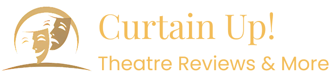 A black background with the words curtain theatre revue in gold.