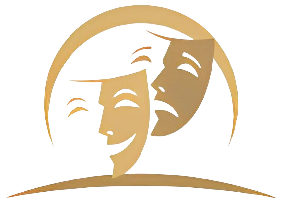 A gold and black logo with two masks